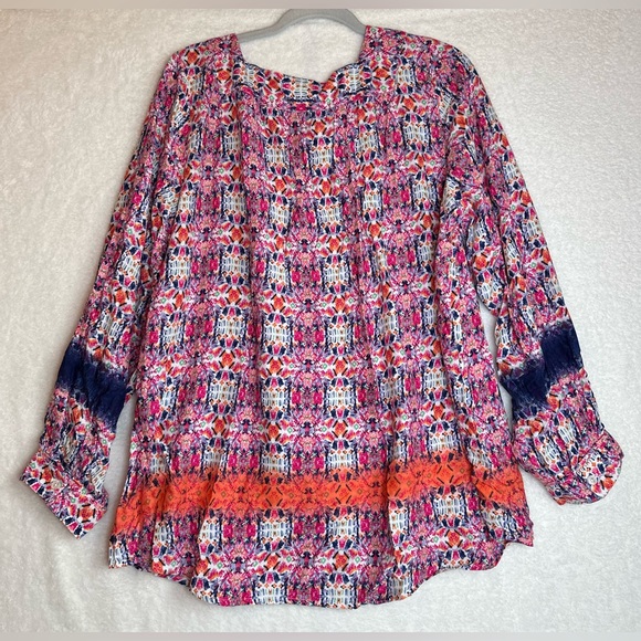 NWT Caffe marrakech long sleeved peasant boho blouse pink abstract floral 1X - Picture 4 of 7